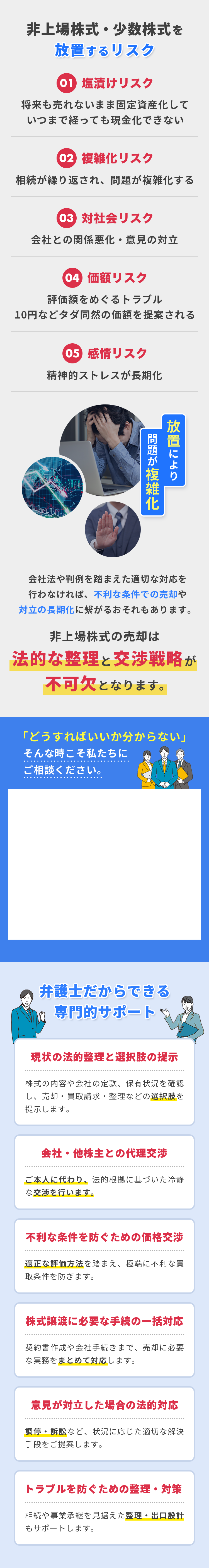 非上場株式・少数株式を放置するリスク 01 塩漬けリスク 将来も売れないまま固定資産化していつまで経っても現金化できない 02 複雑化リスク 相続が繰り返され、問題が複雑化する 03 対社会リスク 会社との関係悪化・意見の対立 04 価額リスク 評価額をめぐるトラブル 10円などタダ同然の価額を提案される 05 感情リスク 精神的ストレスが長期化 放置により問題が複雑化 会社法や判例を踏まえた適切な対応を行わなければ、不利な条件での売却や対立の長期化に繋がるおそれもあります。 非上場株式の売却は法的な整理と交渉戦略が不可欠となります。 「どうすればいいか分からない」 そんな時こそ私たちにご相談ください。 弁護士だからできる専門的サポート 現状の法的整理と選択肢の提示 株式の内容や会社の定款、保有状況を確認し、売却・買取請求・整理などの選択肢を提示します。 会社・他株主との代理交渉 ご本人に代わり、法的根拠に基づいた冷静な交渉を行います。 不利な条件を防ぐための価格交渉 適正な評価方法を踏まえ、極端に不利な買取条件を防ぎます。 株式譲渡に必要な手続の一括対応 契約書作成や会社手続きまで、売却に必要な実務をまとめて対応します。 意見が対立した場合の法的対応 調停・訴訟など、状況に応じた適切な解決手段をご提案します。 トラブルを防ぐための整理・対策 相続や事業承継を見据えた整理・出口設計もサポートします。