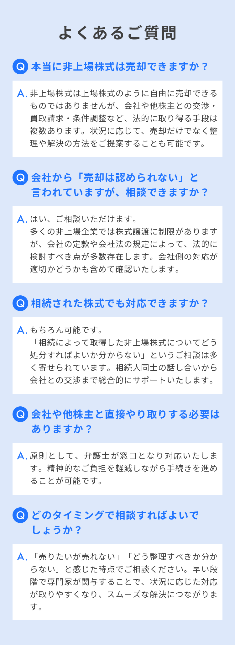 よくあるご質問 Q 本当に非上場株式は売却できますか？ A.非上場株式は上場株式のように自由に売却できるものではありませんが、会社や他株主との交渉・買取請求・条件調整など、法的に取り得る手段は複数あります。状況に応じて、売却だけでなく整理や解決の方法をご提案することも可能です。 Q 会社から「売却は認められない」と言われていますが、相談できますか？ A.はい、ご相談いただけます。多くの非上場企業では株式譲渡に制限がありますが、会社の定款や会社法の規定によって、法的に検討すべき点が多数存在します。会社側の対応が適切かどうかも含めて確認いたします。 Q 相続された株式でも対応できますか？ A.もちろん可能です。「相続によって取得した非上場株式についてどう処分すればよいか分からない」というご相談は多く寄せられています。相続人同士の話し合いから会社との交渉まで総合的にサポートいたします。 Q 会社や他株主と直接やり取りする必要はありますか？ A.原則として、弁護士が窓口となり対応いたします。精神的なご負担を軽減しながら手続きを進めることが可能です。 Q どのタイミングで相談すればよいでしょうか？ A.「売りたいが売れない」「どう整理すべきか分からない」と感じた時点でご相談ください。早い段階で専門家が関与することで、状況に応じた対応が取りやすくなり、スムーズな解決につながります。